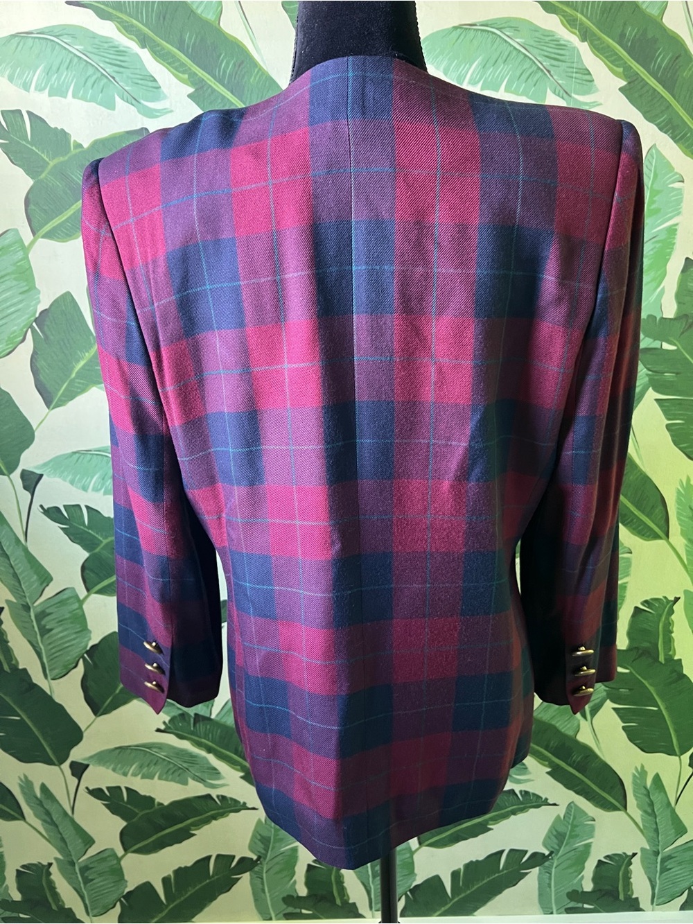 Vintage Worthington Petite Burgundy Navy Blue Plaid Check Preppy Blazer 10 - Picture 5 of 7